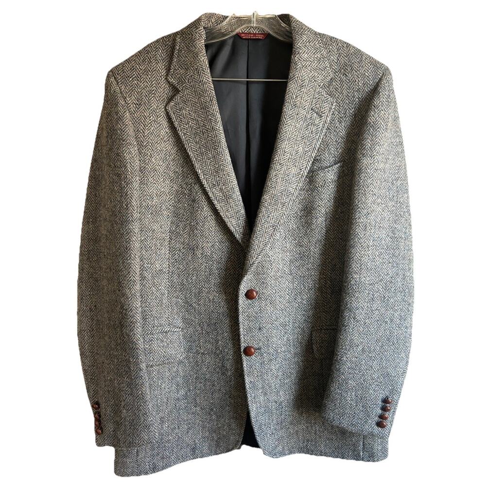 Harris Tweed 44L Handwoven Scottish Wool Blazer Sport Coat Gray USA Herringbone